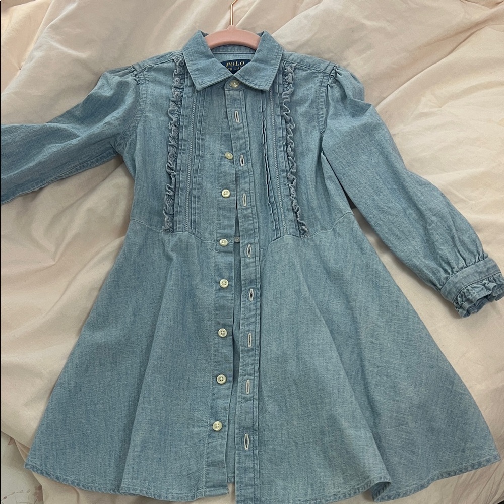 Polo by Ralph Lauren Light Blue Denim Ruffle-Trim Shirt Dress